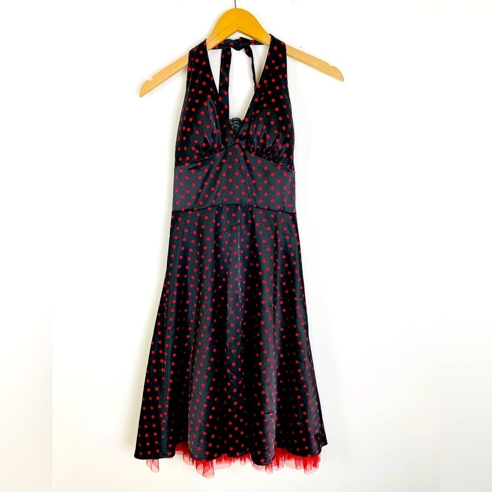 XOXO Black and Red Polka Dot Rockabilly Style Halter Dress, Size 7